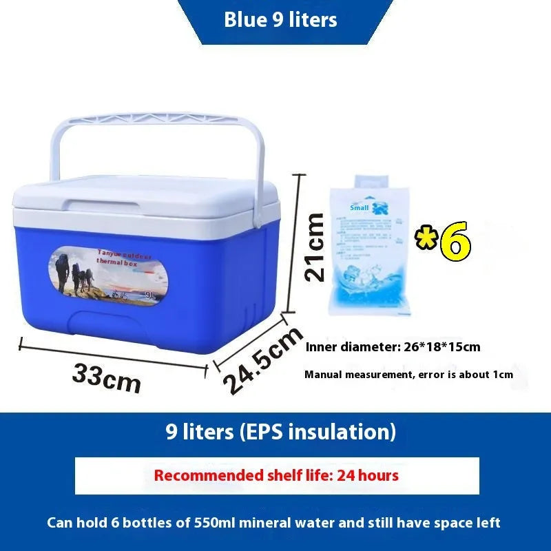 Blue portable insulated cooler box with aluminium foil interior, shown with lid open.