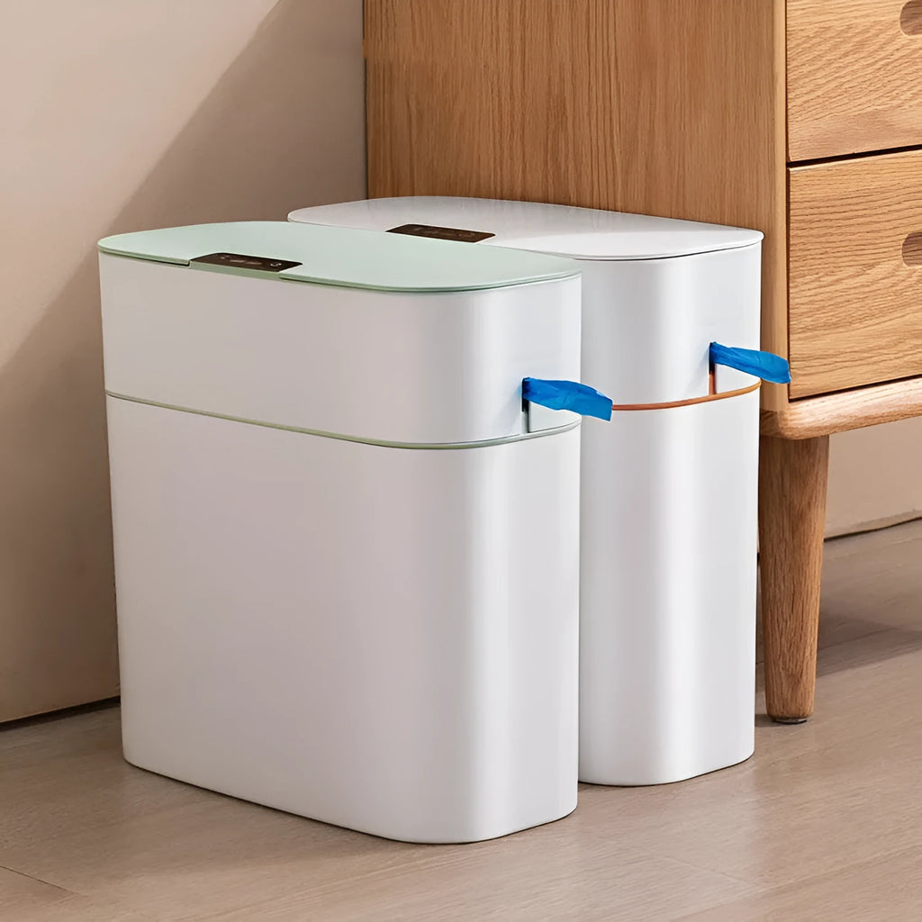 Automatic electric trash bin with inductive sensor, white plastic 15L long barrel shape, USB charging base