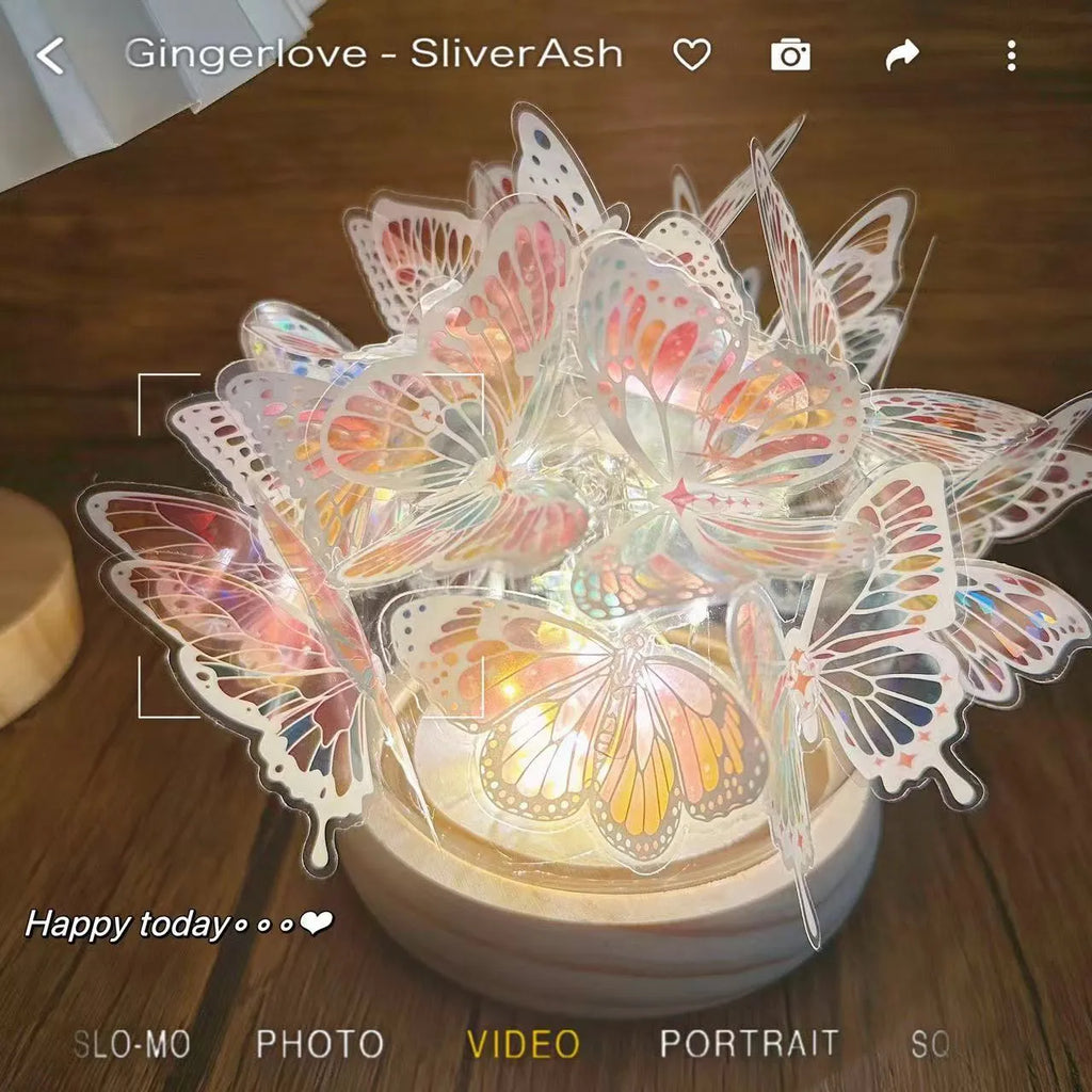 Butterfly night lamp DIY material package with glass lampshade and raw wood base measuring 12x15 cm