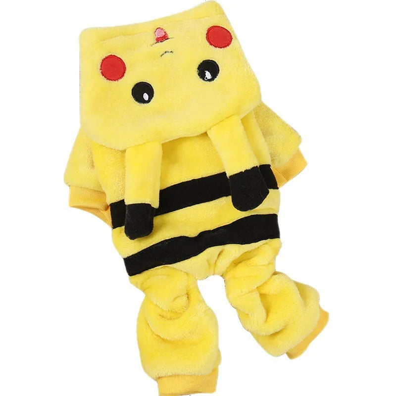 Fleece pet coat with hoodie for cat or dog in cartoon design, shown in size range XS to XXL.