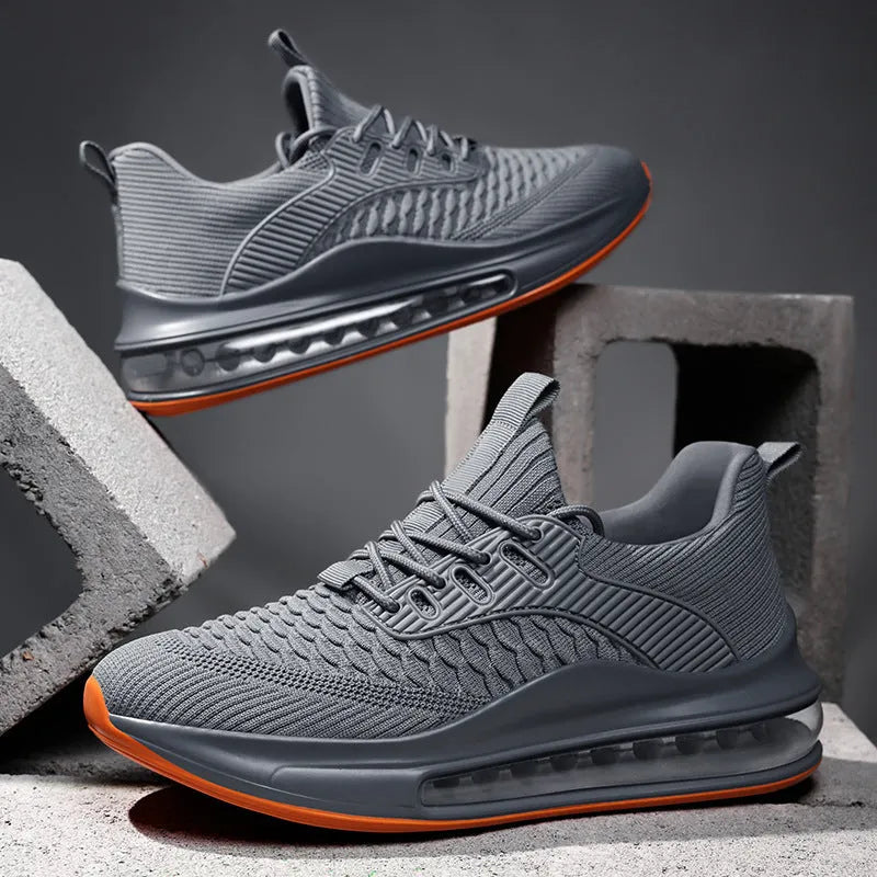Men's black mesh running shoes with round toe and lace-up front for summer sports