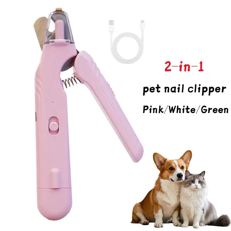 2-in-1 pet nail clipper with LED light and grinder for safe dog and cat nail trimming, white and green