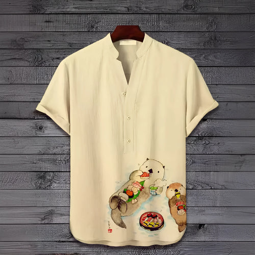 Man wearing a short sleeve t-shirt with a bold 3D digital animal graphic print on the front.