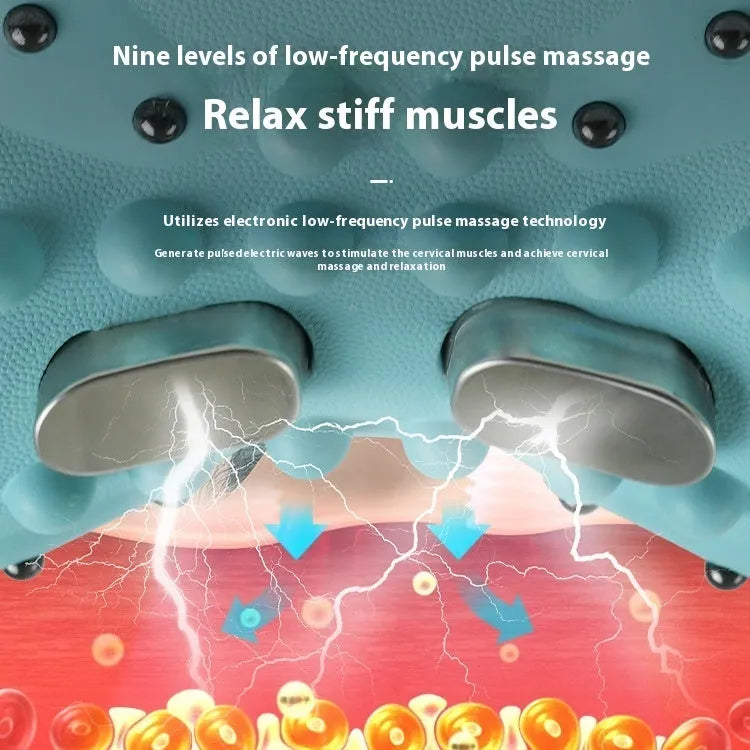 Blue-green portable cervical spine massage pillow showing compact dimensions