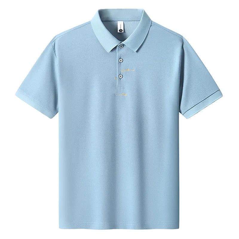 Men's loose-fitting short sleeve cotton T-shirt in six colour options on a size chart background.