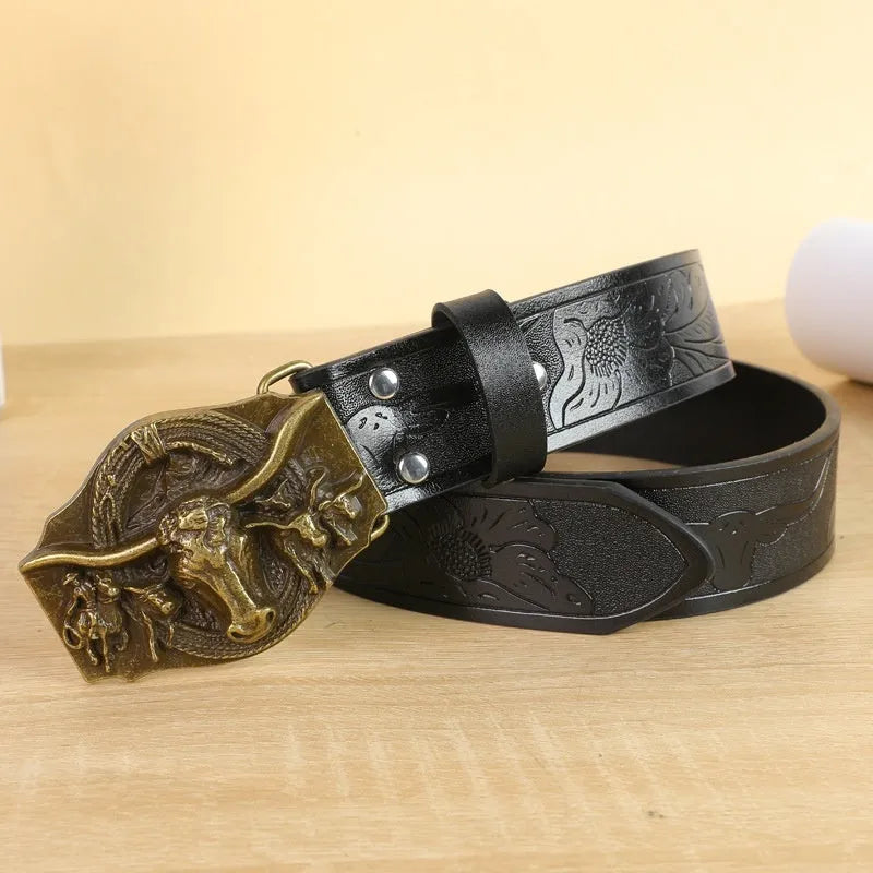 Cow head buckle men's imitation leather belt in black and brown colour options showing decorative alloy buckle detail