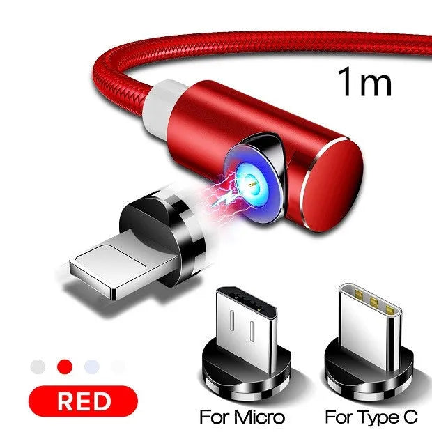 Black L-shaped magnetic charging cable with aluminium connectors for Micro USB, Lightning, and Type-C phones.