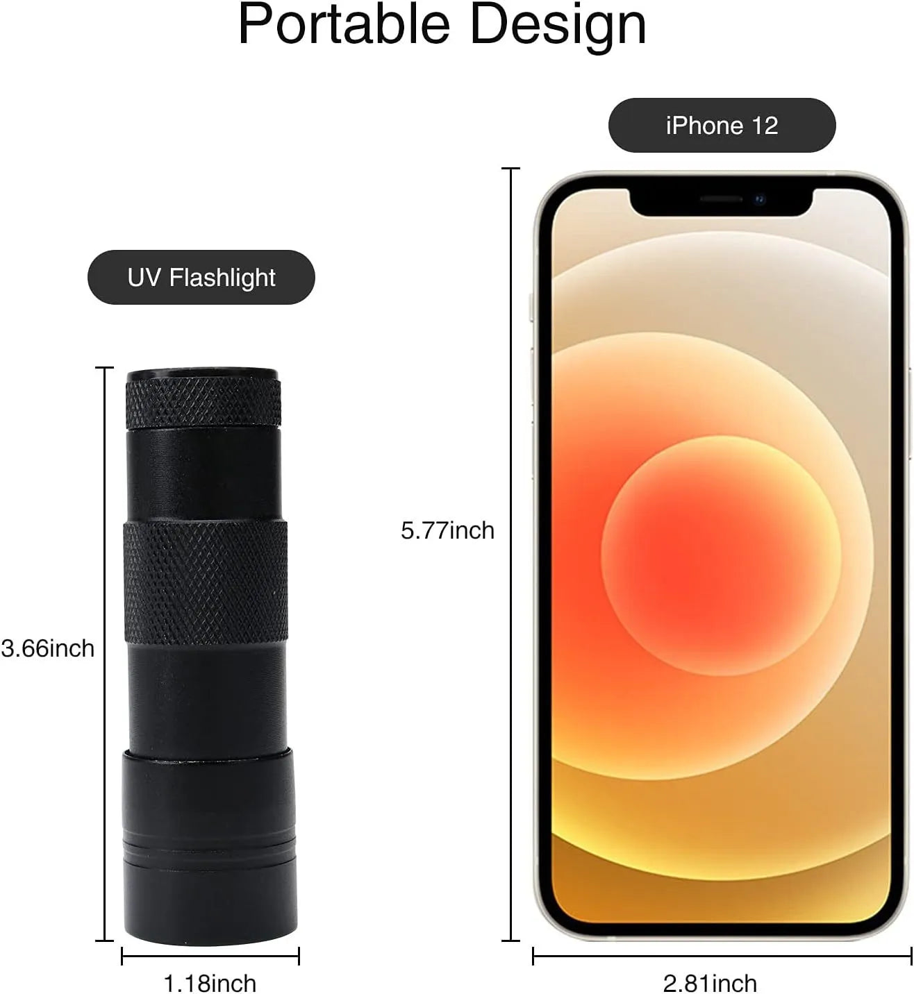 Black and silver aluminium UV flashlight with dimensions shown for scale.
