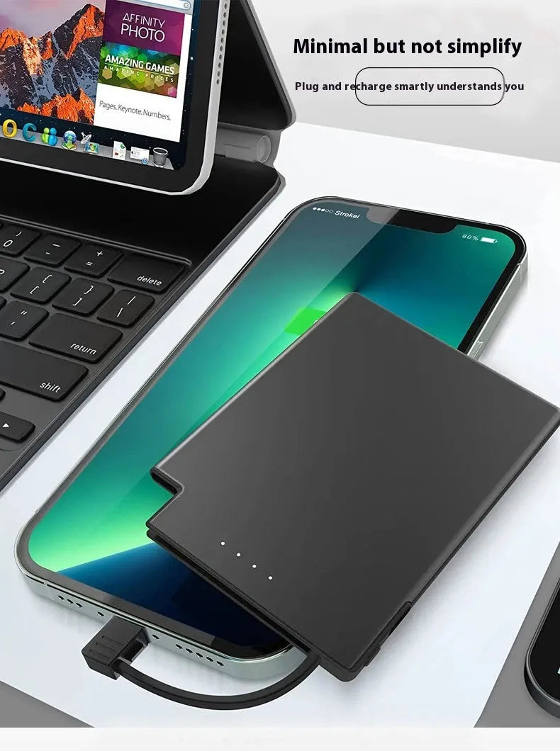 Ultra-thin black portable power bank with built-in cable, 2600mAh to 5000mAh, stainless steel PC TPE shell