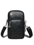Mini vertical square PU phone bag with sandwich pocket in brown, front view