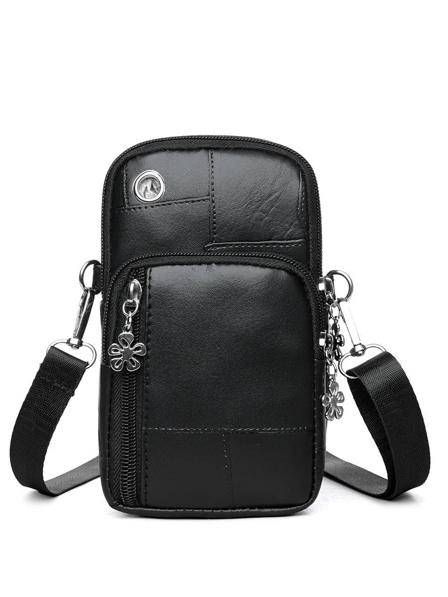 Mini vertical square PU phone bag with sandwich pocket in brown, front view