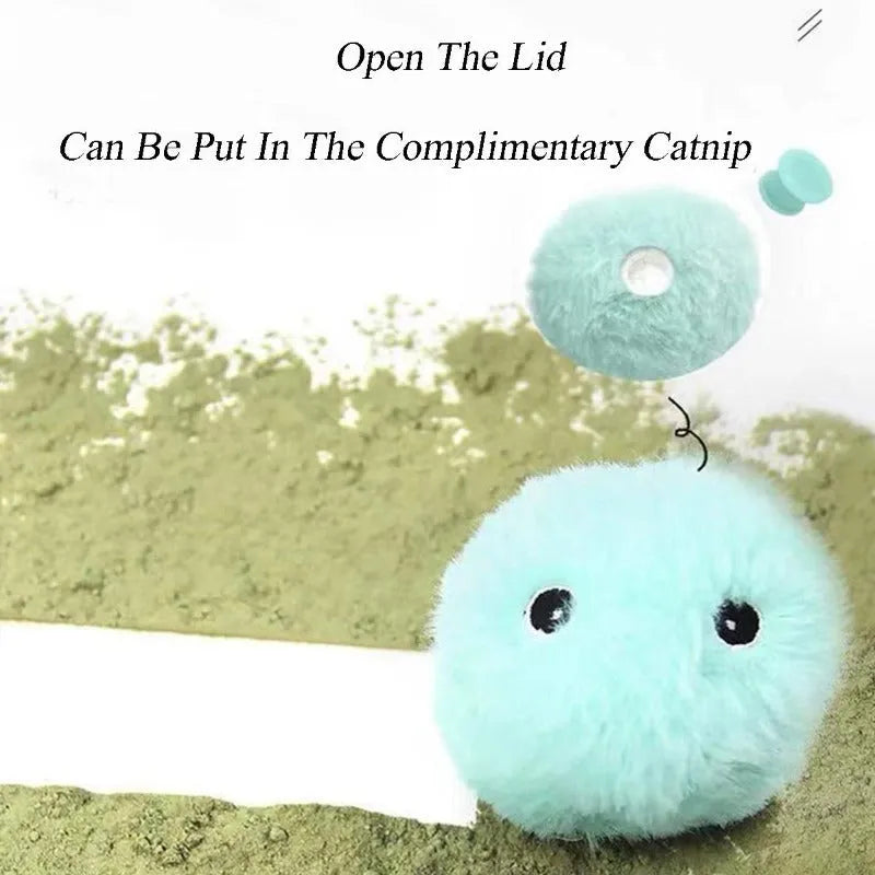 Blue, pink, and yellow interactive cat toy balls with 55mm diameter and gravity sensor trigger.