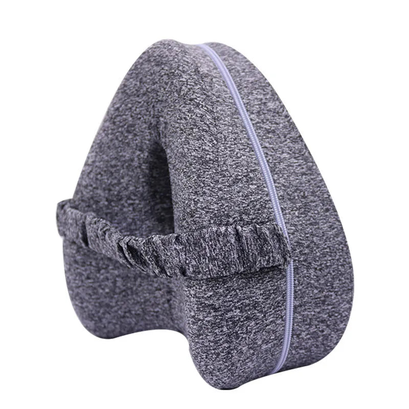 Heart-shaped memory foam leg pillow in blue colour showing dimensions of 25x23x13 cm