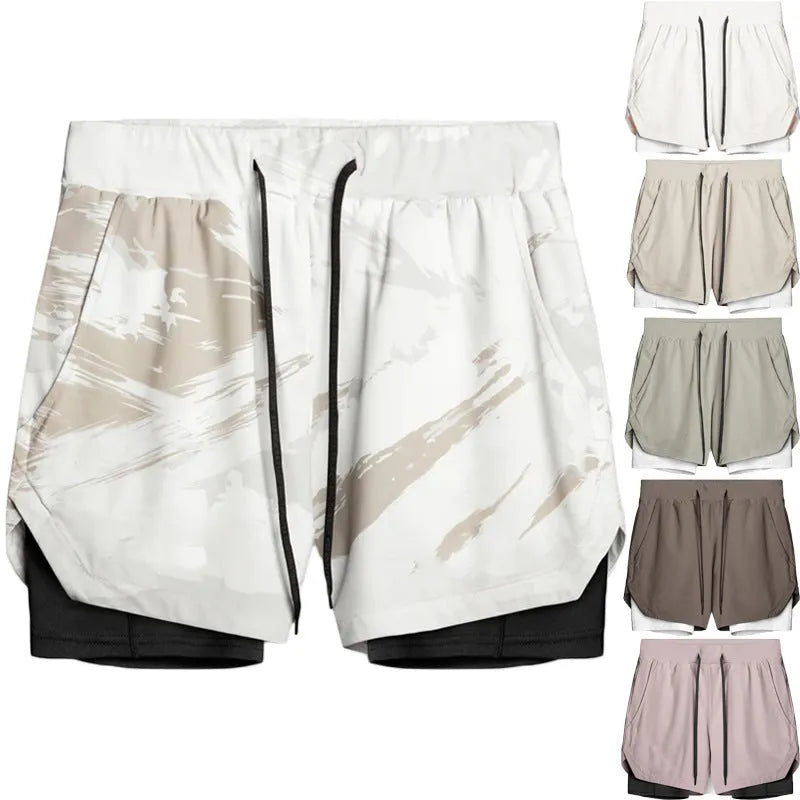 Sports casual quick-drying double-layer two-in-one running shorts with liner, polyester, beige colour, men's size M