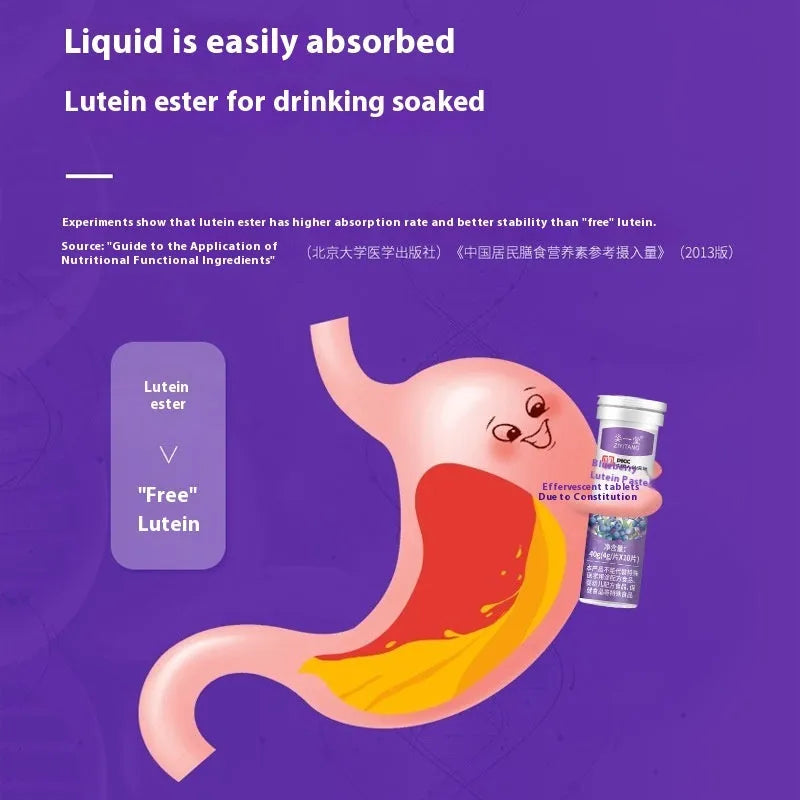 Blueberry and lutein soft candy effervescent tablets in a bottle, 4g each, 10 tablets, for excessive eye use