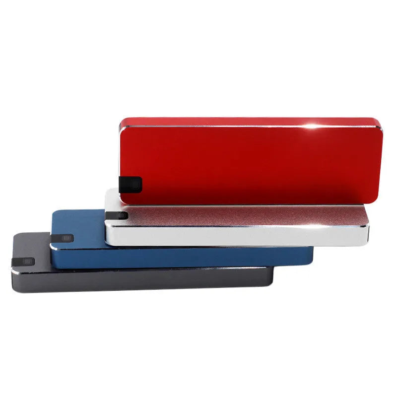 Portable metal external solid state hard drive with USB cable in multiple colour options