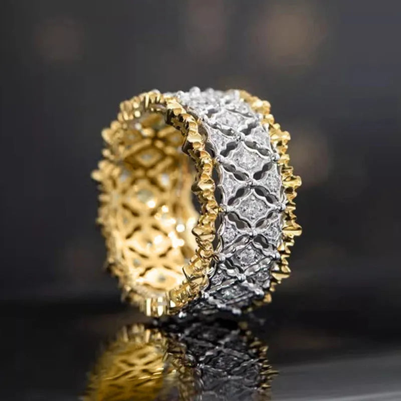 Geometric copper ring with round zircon and two-tone electroplated gold and silver finish