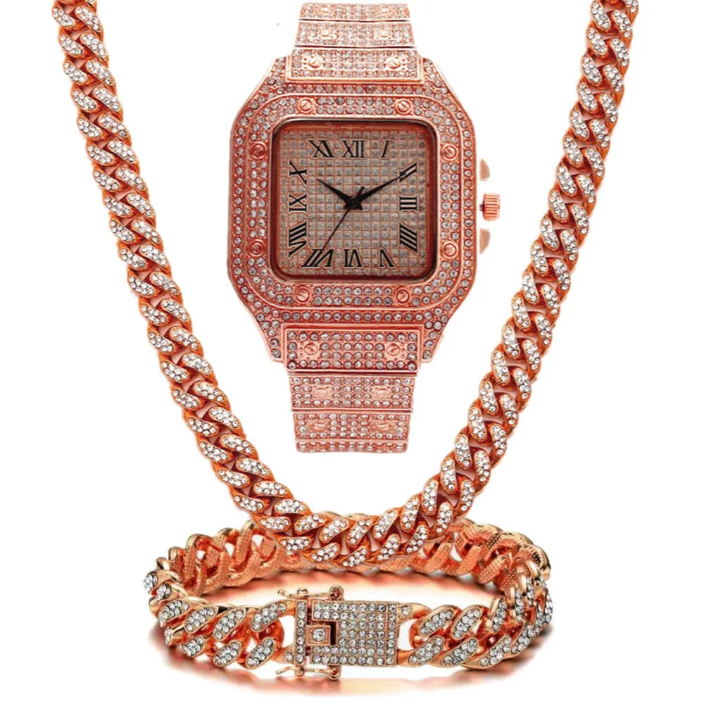Roman grain graduation quartz watch set with square dial, diamond studs and black mesh band