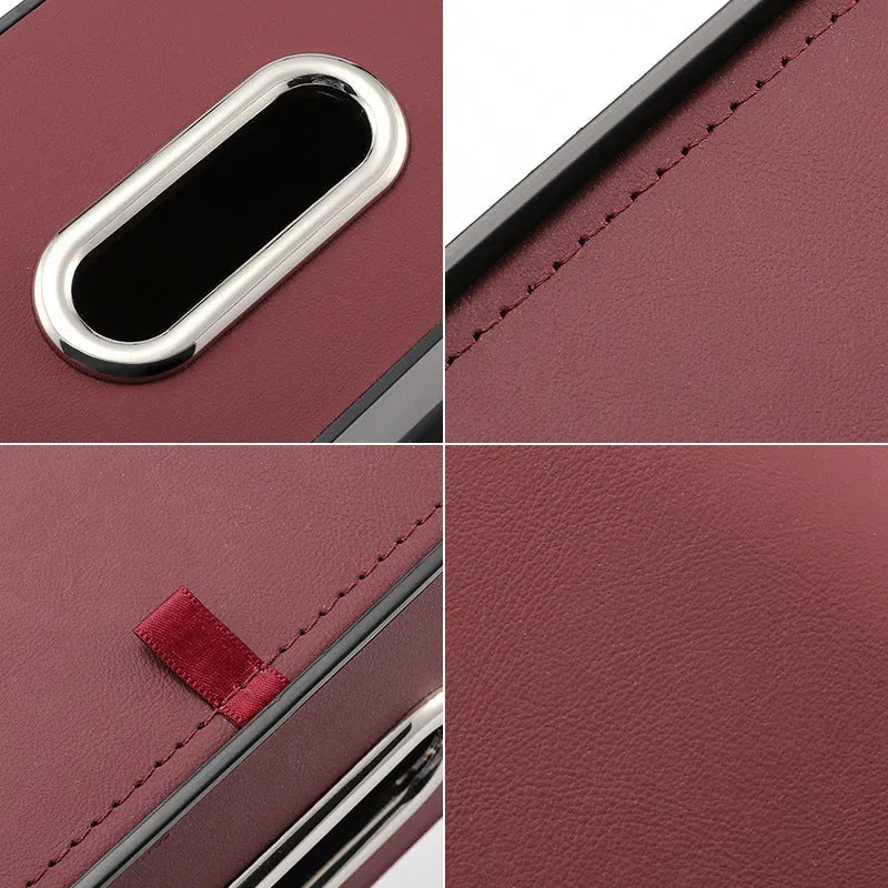 Genuine leather car tissue box holder in one of five colours, showing suspended design.