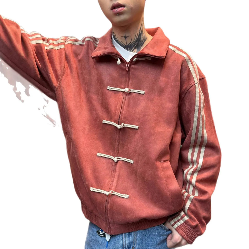 Men's suede stand collar buckle jacket in black, loose fit, cotton blend, with polyester lining