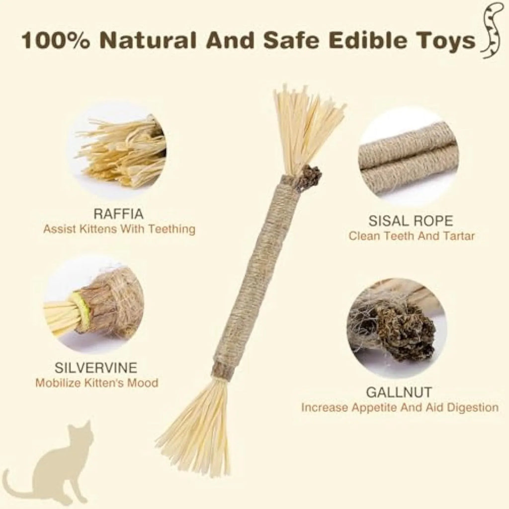 Three natural silvervine chew sticks for cats on a wooden surface, showing thick and fine diameter options