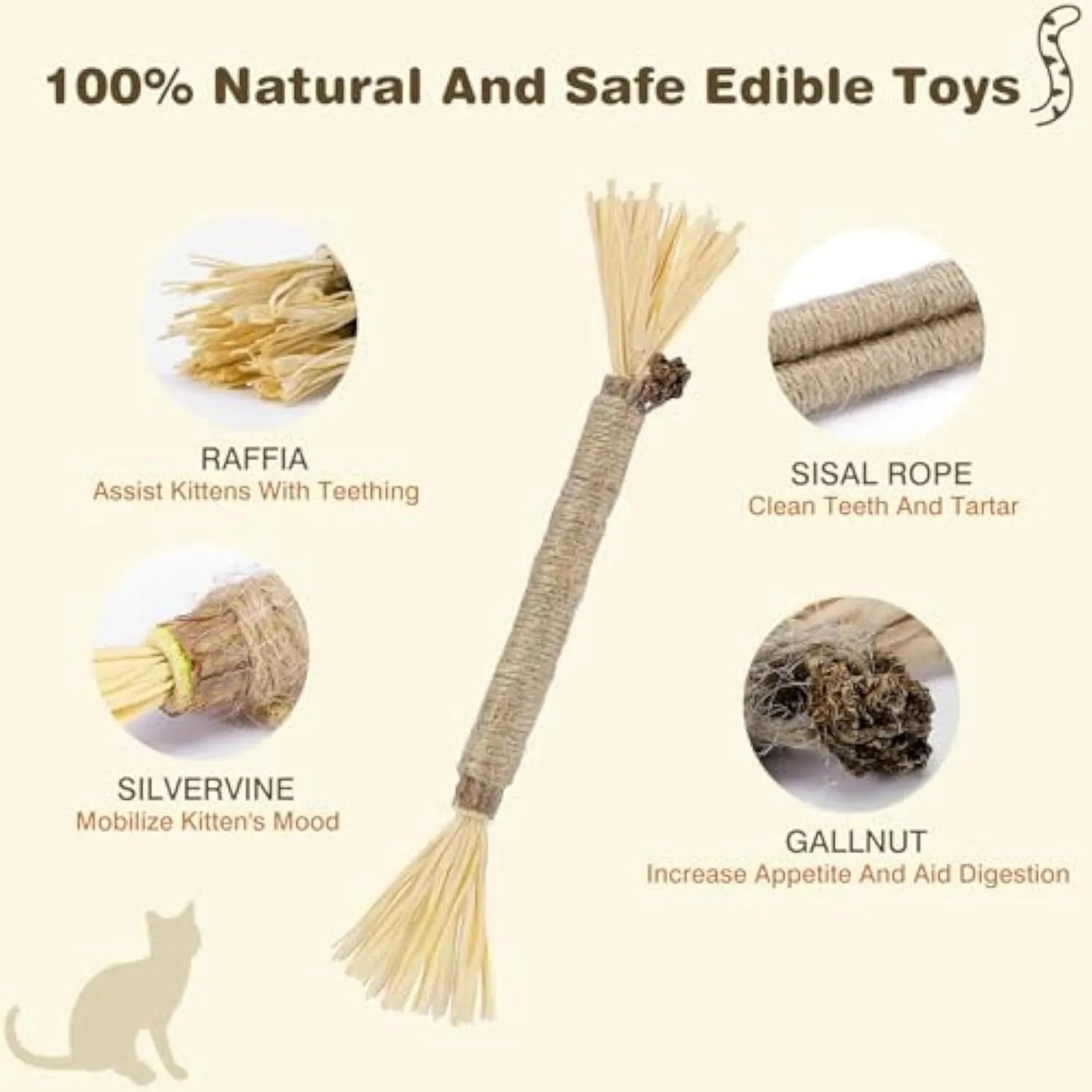 Three natural silvervine chew sticks for cats on a wooden surface, showing thick and fine diameter options