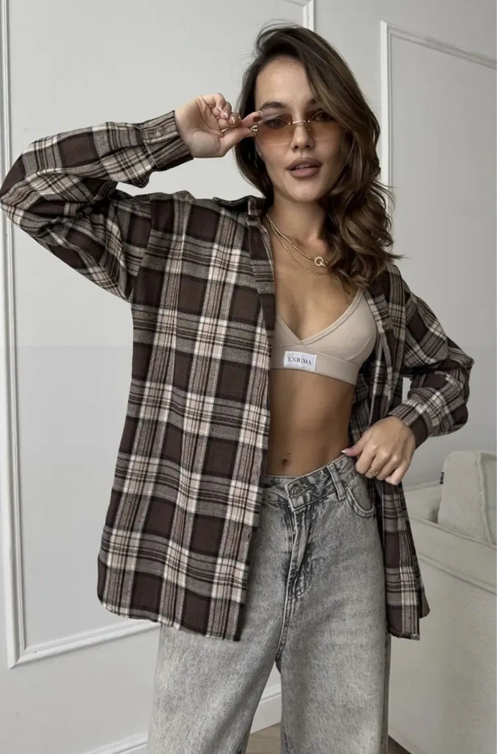 Dark brown retro striped women's cotton shirt with plaid pattern and long sleeves