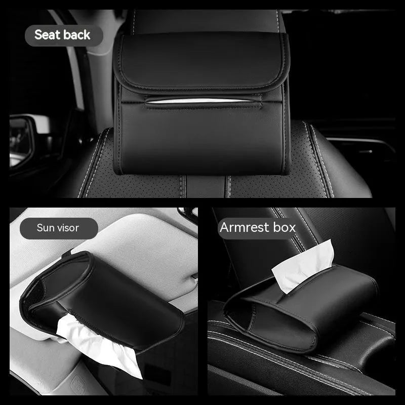 Leather car tissue box with elastic band mounting for vehicle installation