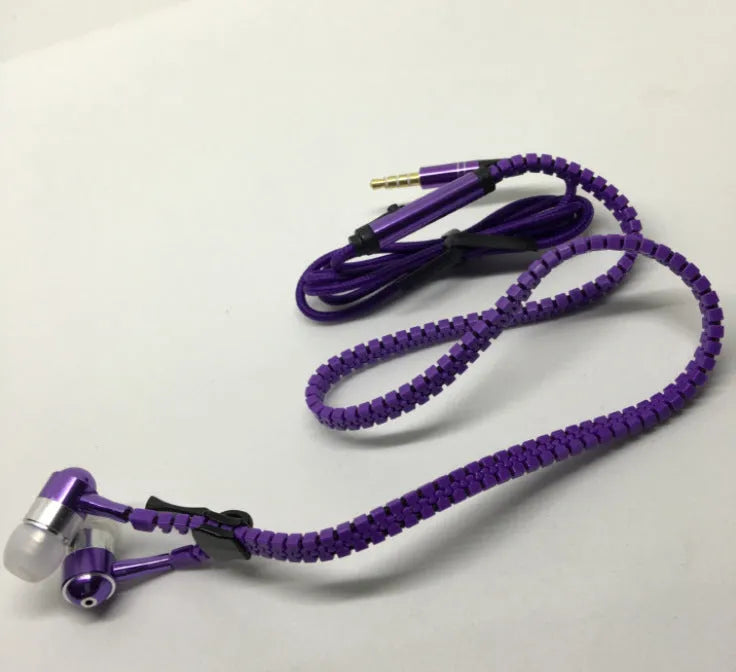 Blue wired earphones with glowing zipper cord, alloy metallic housing, and gold-plated 3.5mm plug
