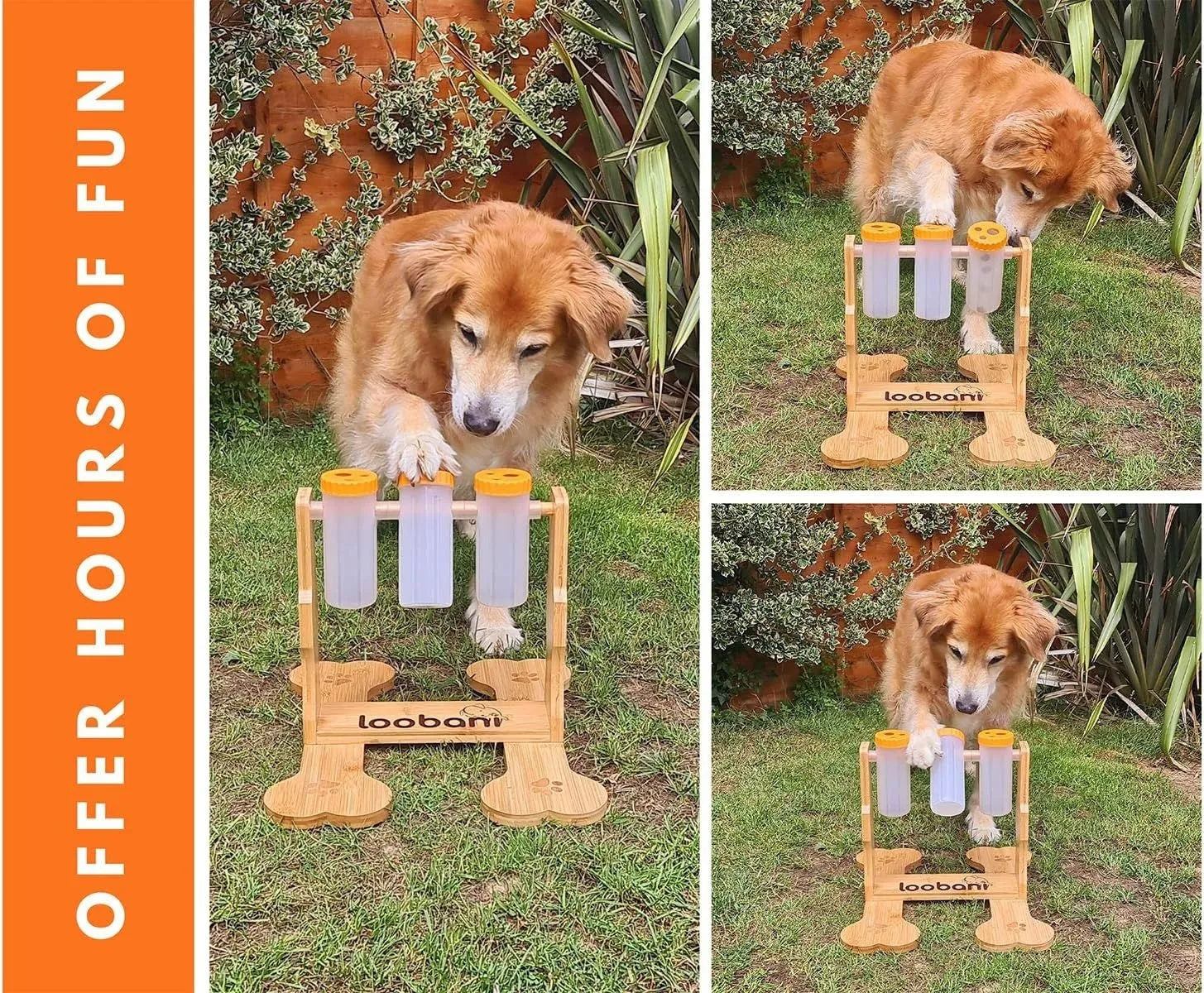 Wooden interactive dog puzzle feeder with treat compartments measuring 31cm long