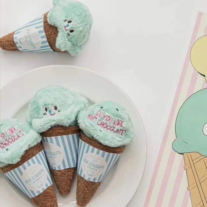 Fleece squeaky ice cream toy for dogs and cats in lake blue on a light background