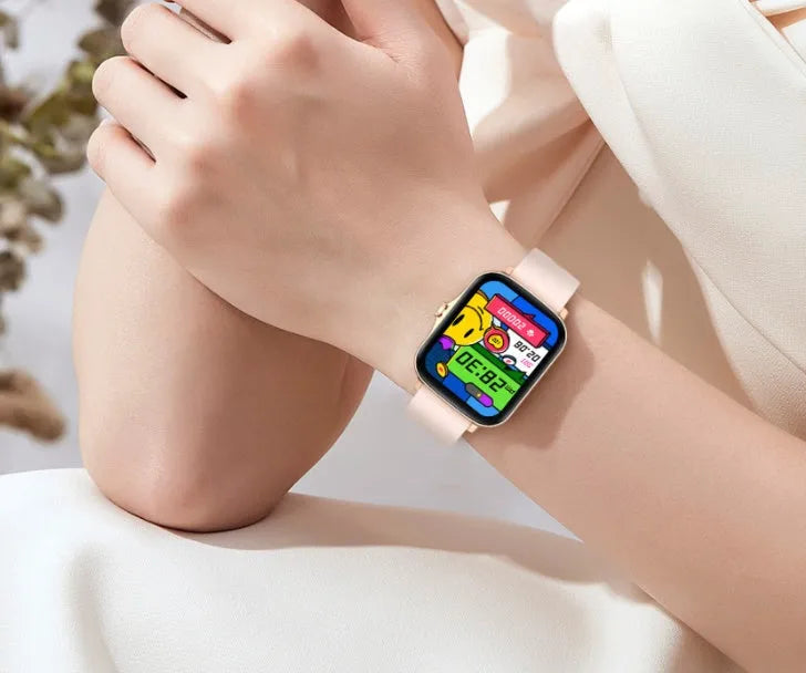 Blue smart sports watch with 1.7-inch colour touch screen on adjustable strap showing fitness data interface.