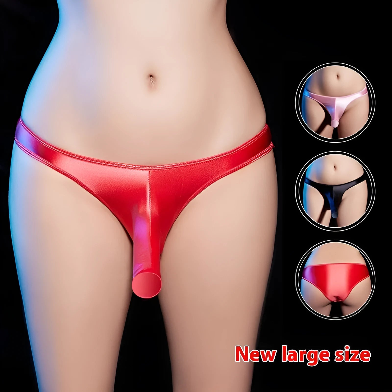 Men's shiny nylon low waist T-back underwear in black, shown from the rear to highlight the T-back design.