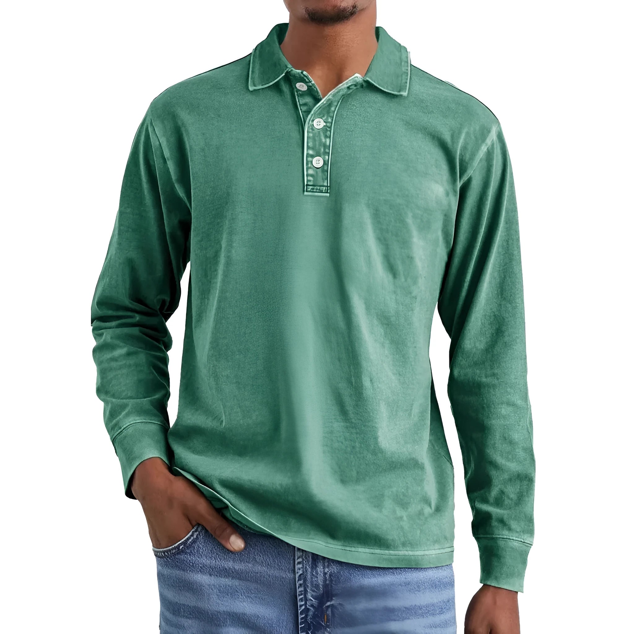 Man's retro washed cotton long sleeve polo shirt with button-up front and lapel collar in various colours.