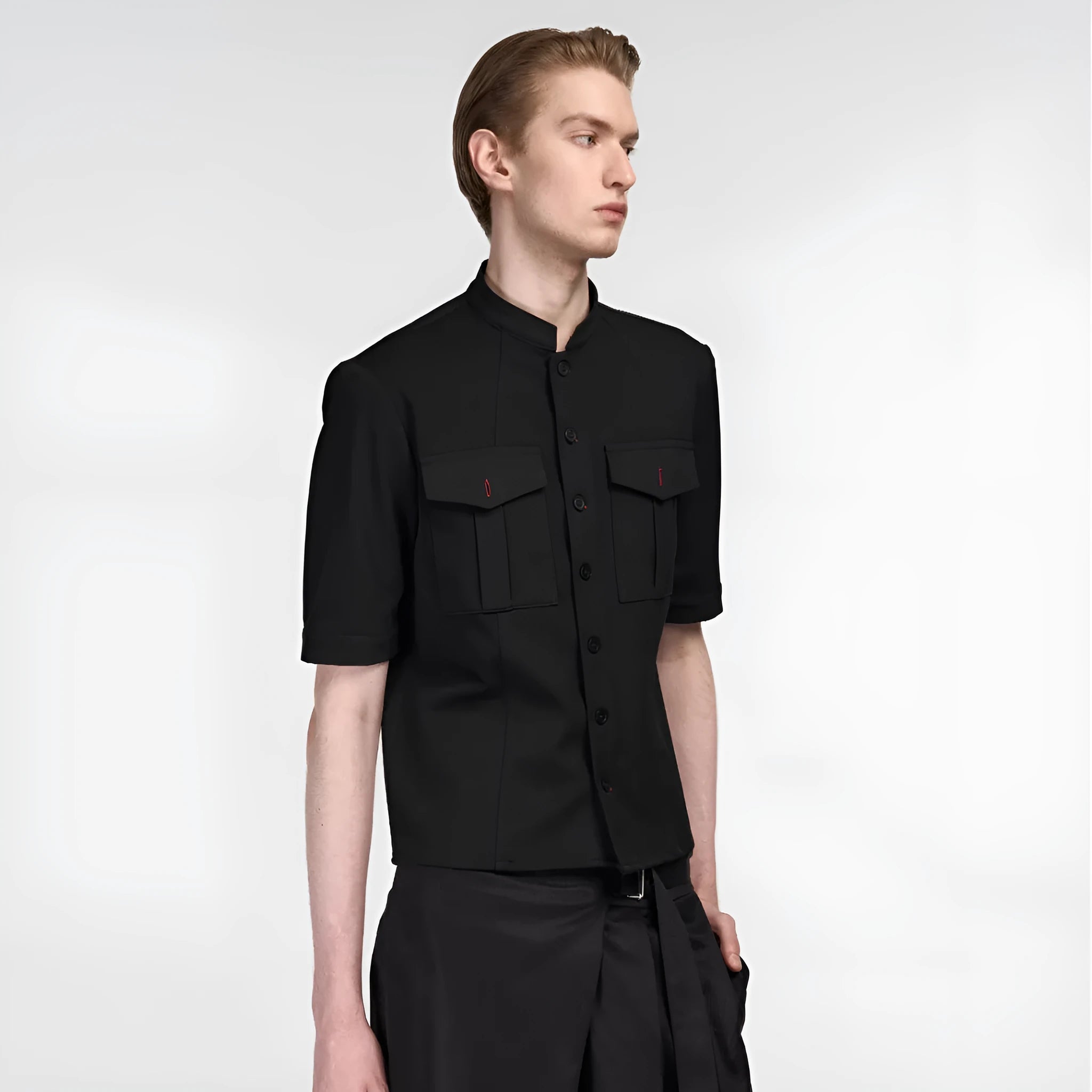 Handmade black half-sleeve hunting shirt with a shirt collar and single-breasted placket.