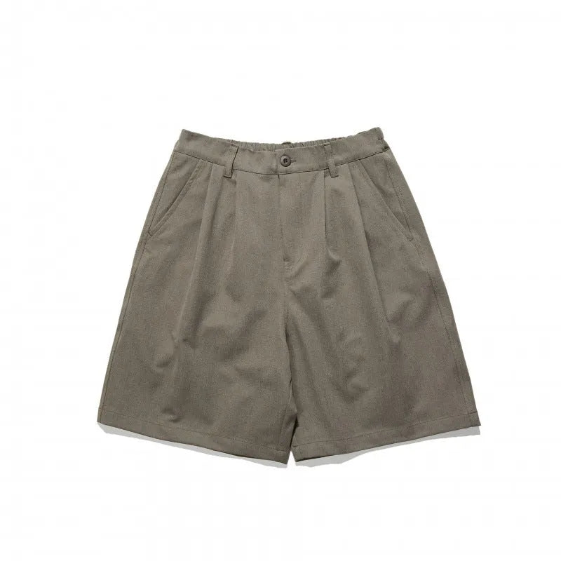 Loose straight drooping suit shorts in light grey, front view, with micro-elastic waist and retro style