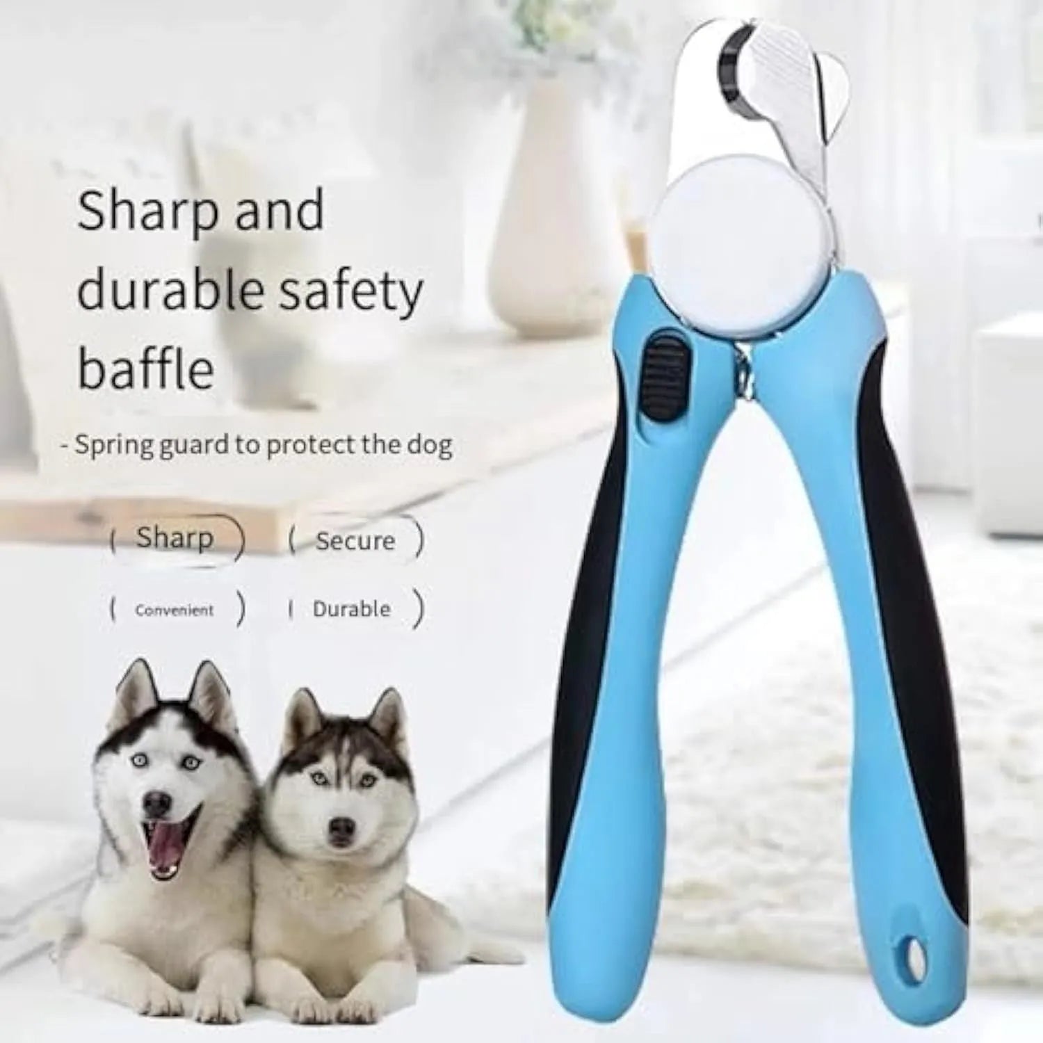Blue heavy‑duty scissor‑action dog nail clippers with a visible safety guard on the blade.