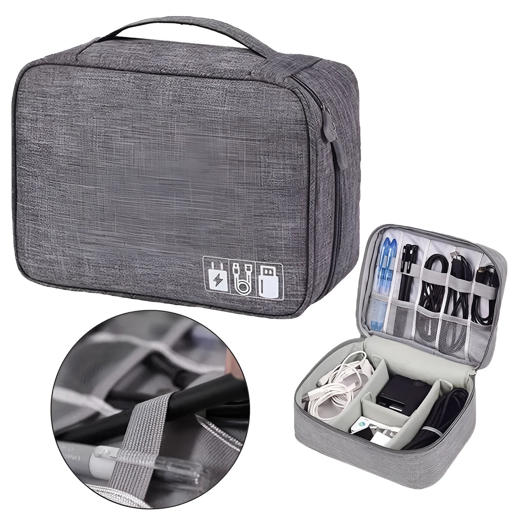 Black waterproof travel cable organiser bag open, showing mesh pockets, elastic loops, and removable padded dividers.