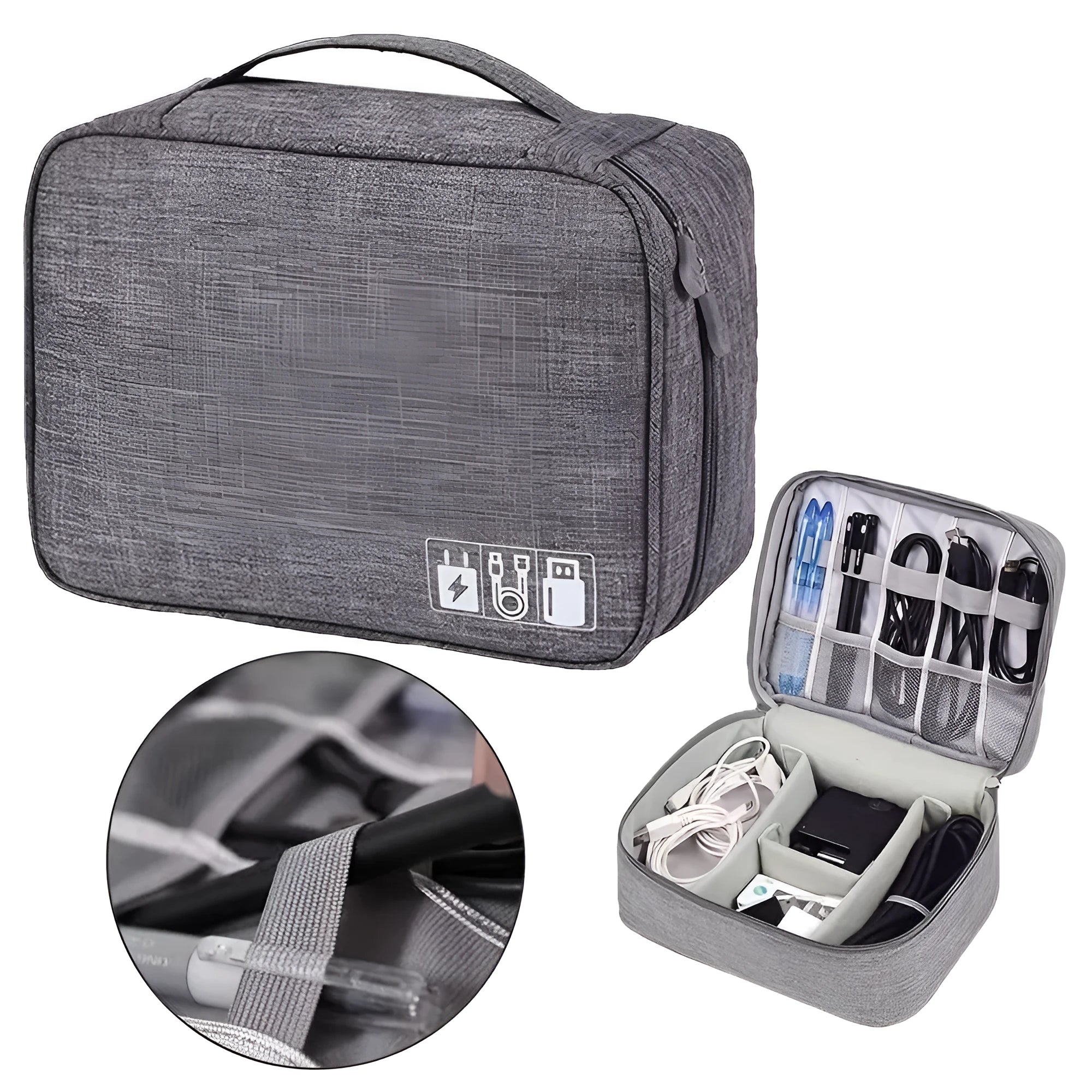Black waterproof travel cable organiser bag open, showing mesh pockets, elastic loops, and removable padded dividers.
