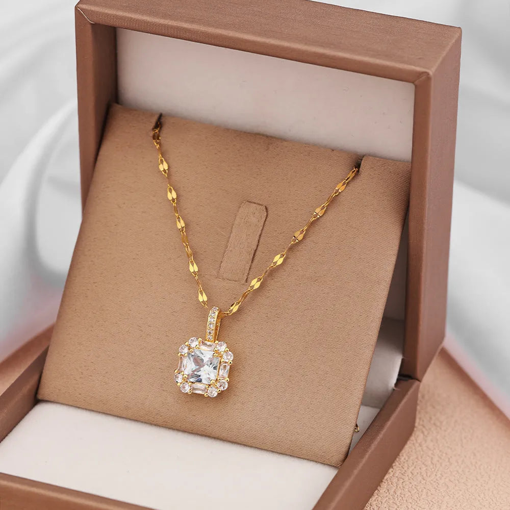 Geometric quadrilateral pendant necklace with mixed gemstones on water wave chain