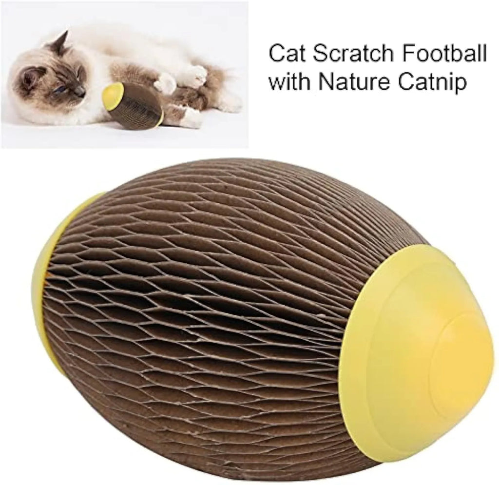 Ellipse-shaped corrugated paper catnip ball and scratch toy for cats on a plain background.