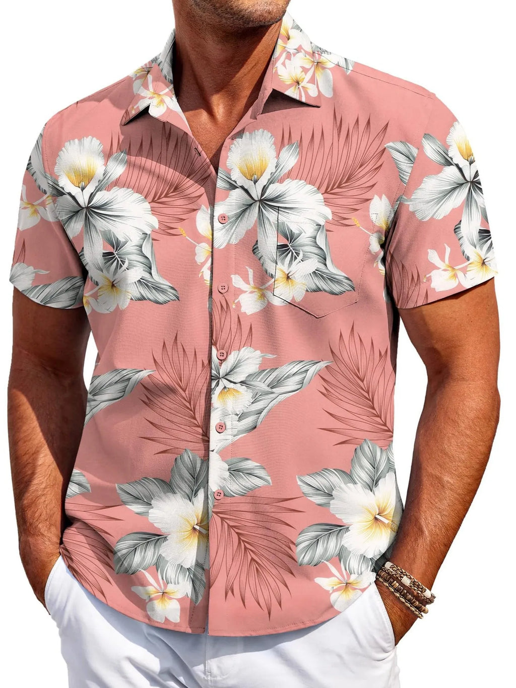 Men's slim fit Hawaiian short sleeve shirt in elastic polyester fabric