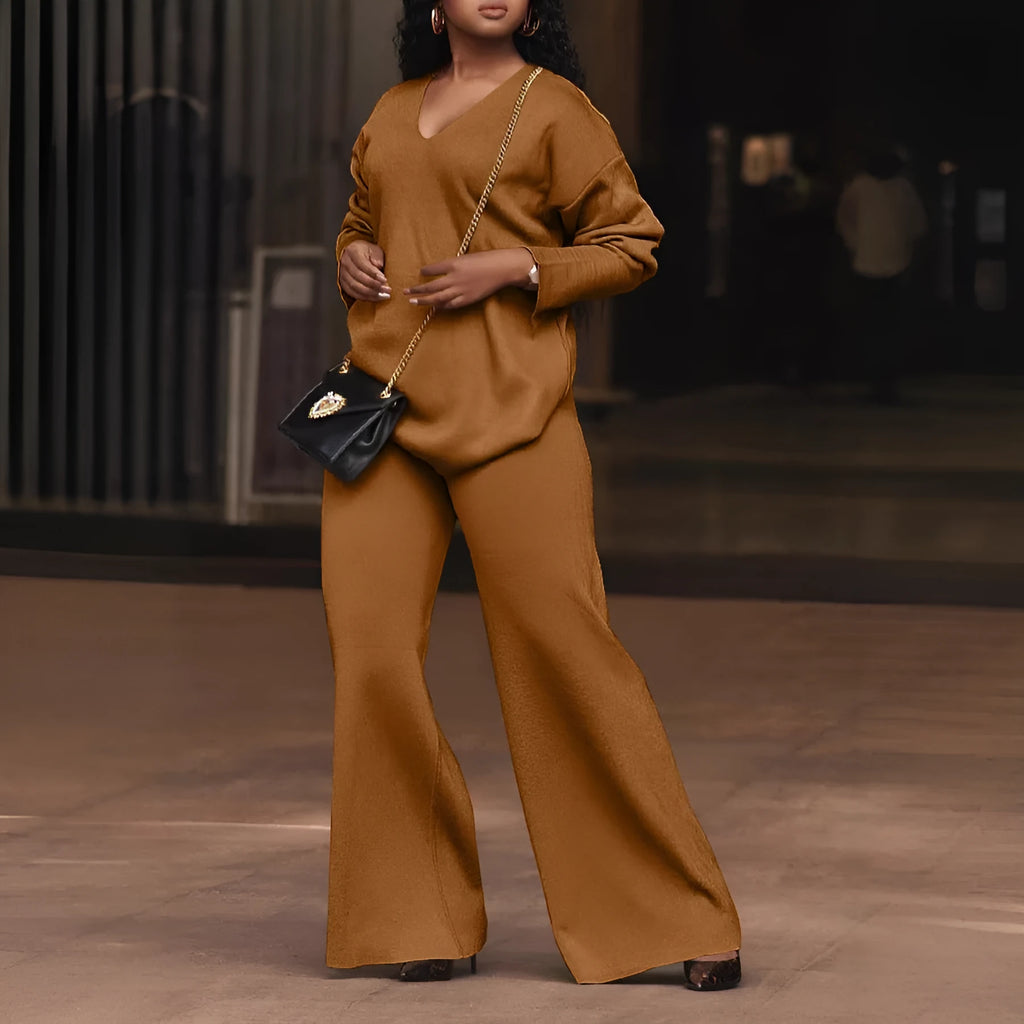 Women's brown thickened suede two-piece suit set with split sleeve design and full-length trousers