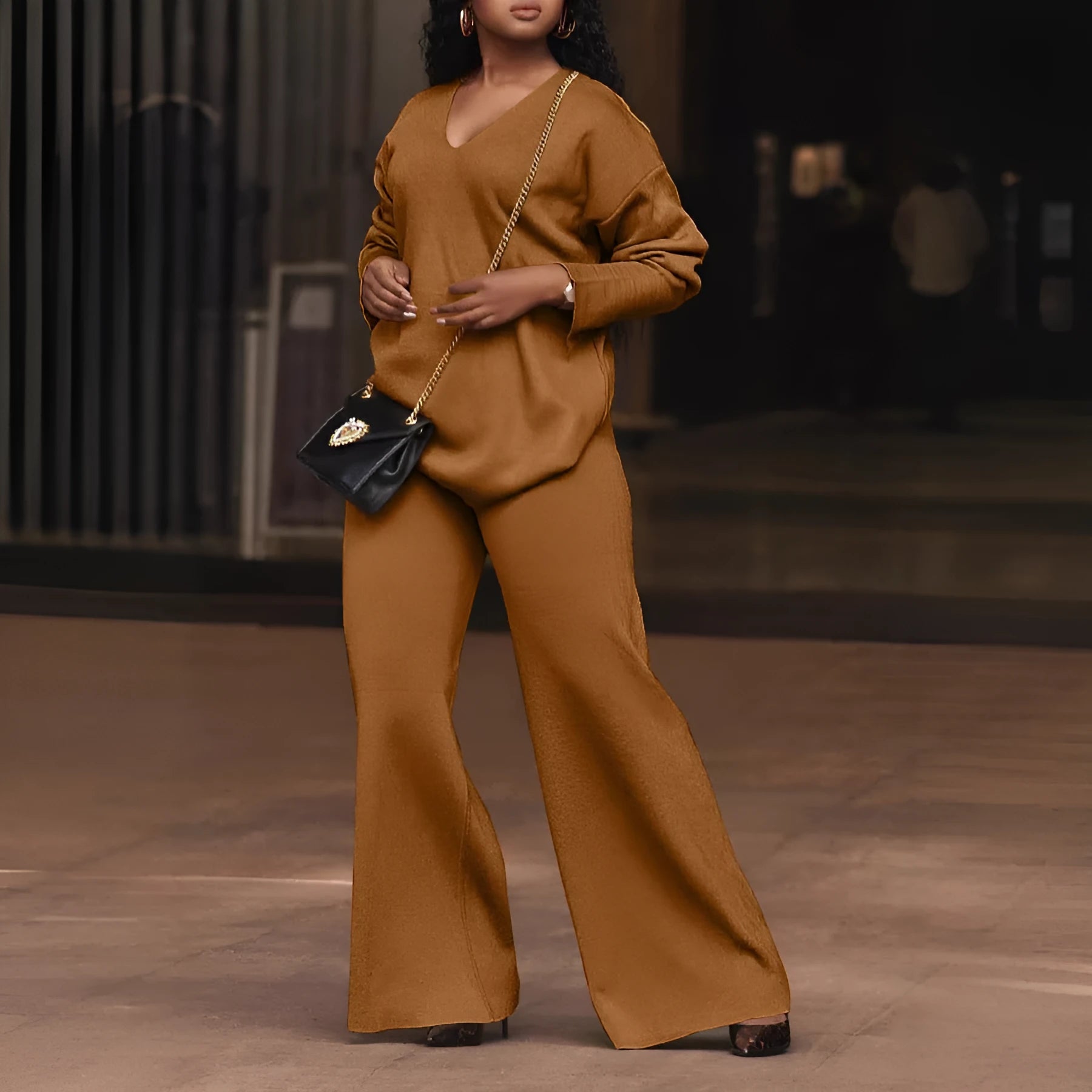 Women's brown thickened suede two-piece suit set with split sleeve design and full-length trousers