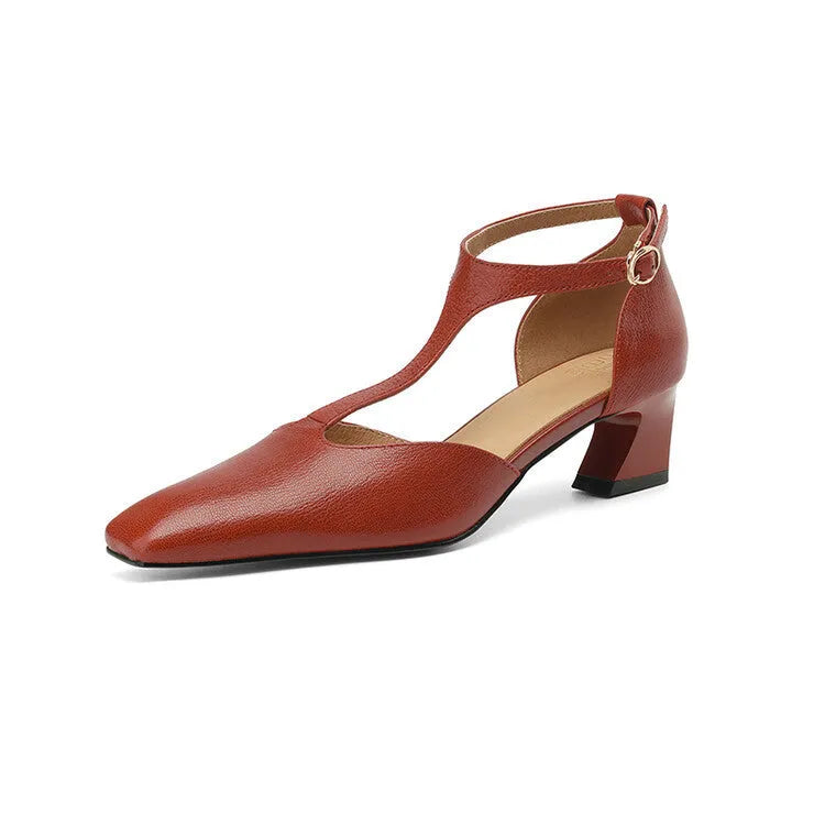 Wine red retro square toe chunky heel sheepskin leather shoes with buckle fastening.