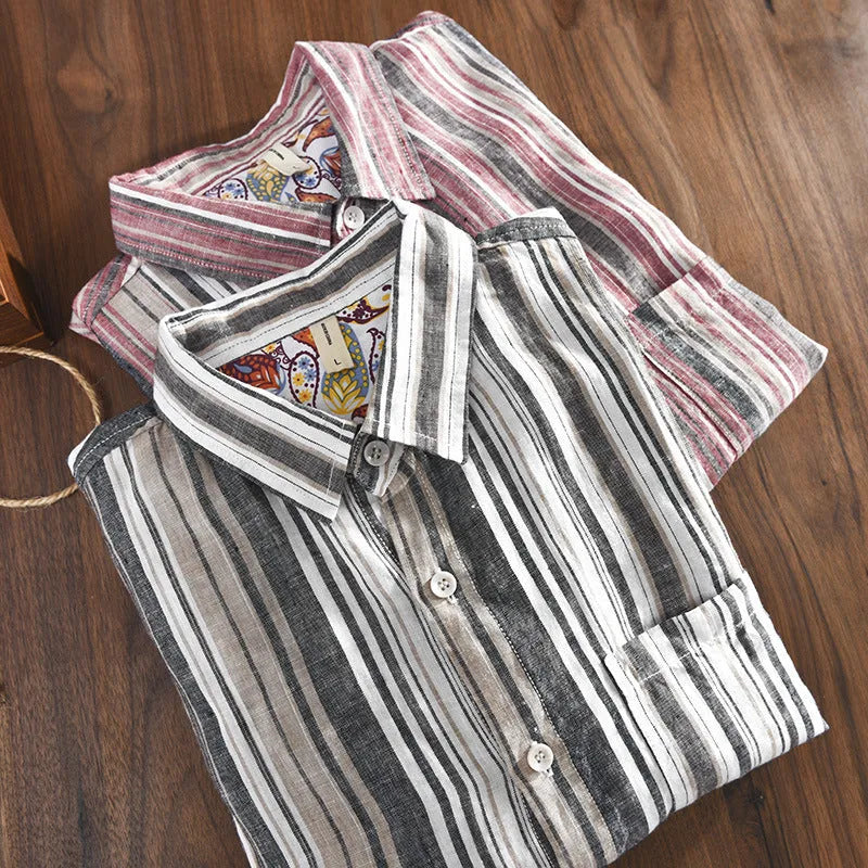 Men's red and grey striped linen shirt with long sleeves and loose fit