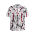 Short sleeve t-shirt with padded shoulders and raised line patchwork design on a round neck.