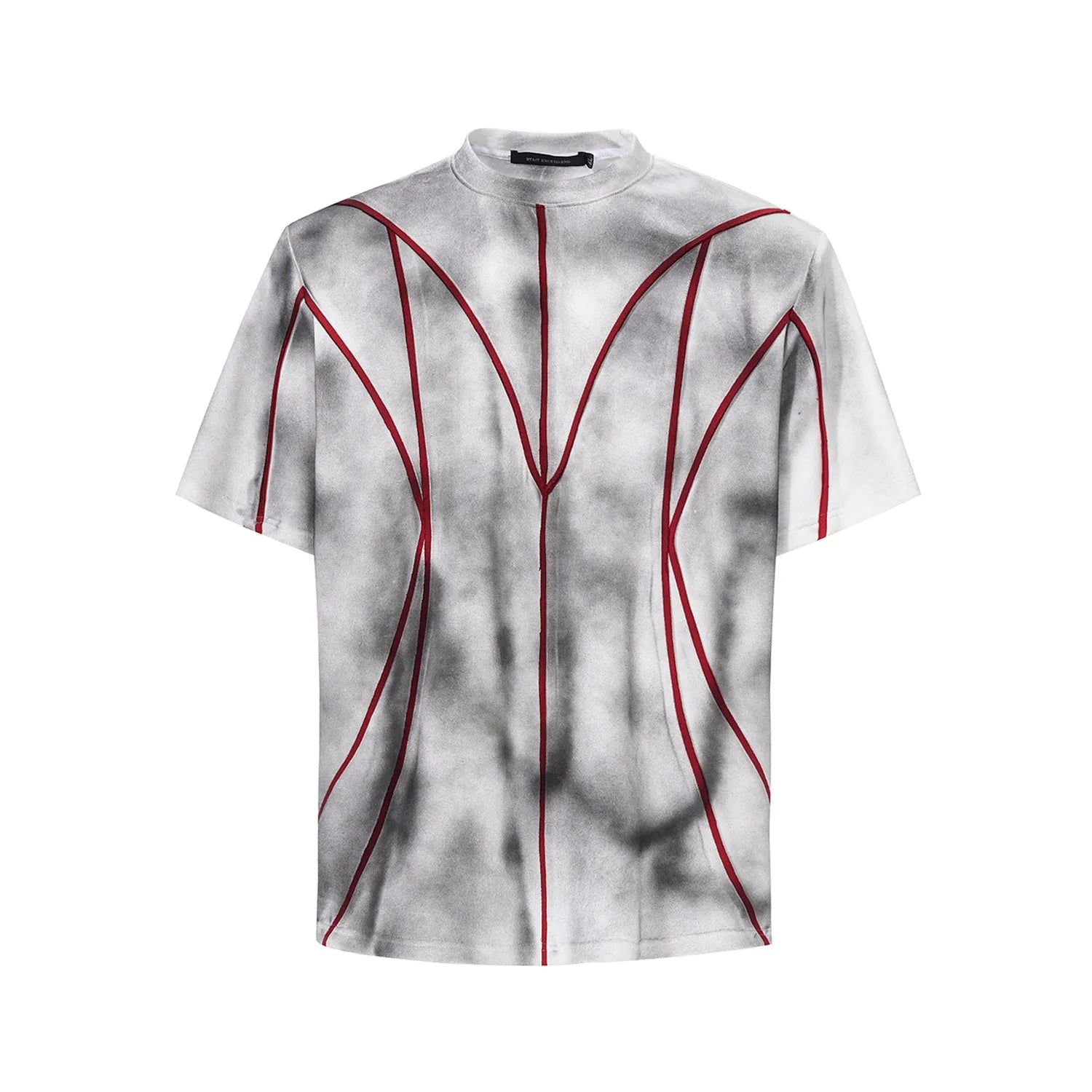Short sleeve t-shirt with padded shoulders and raised line patchwork design on a round neck.