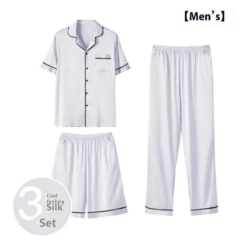 Men's ice silk three-piece homewear suit in a choice of colours including black, blue and champagne.
