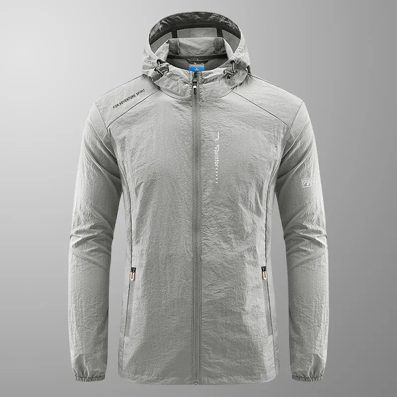 Men's hooded summer jacket in thin nylon fabric, loose fit, available in light grey, dark grey, black, dark blue, and denim blue